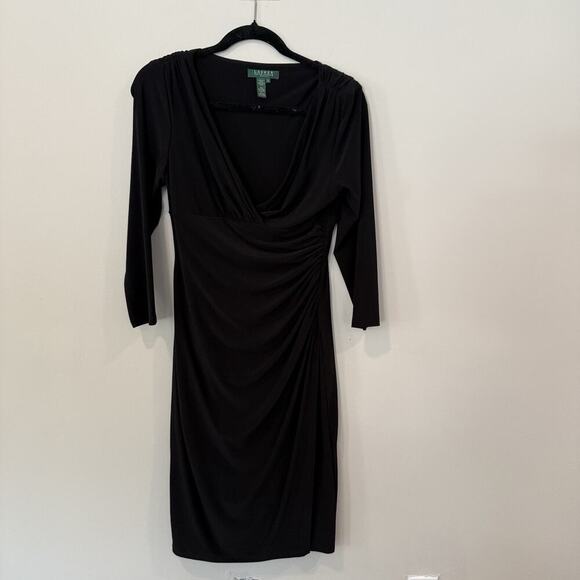Lauren Ralph Lauren Rushed Jersey Dress 6 Black Stretch V-neck 3/4 Sleeve 1903 - Picture 6 of 14